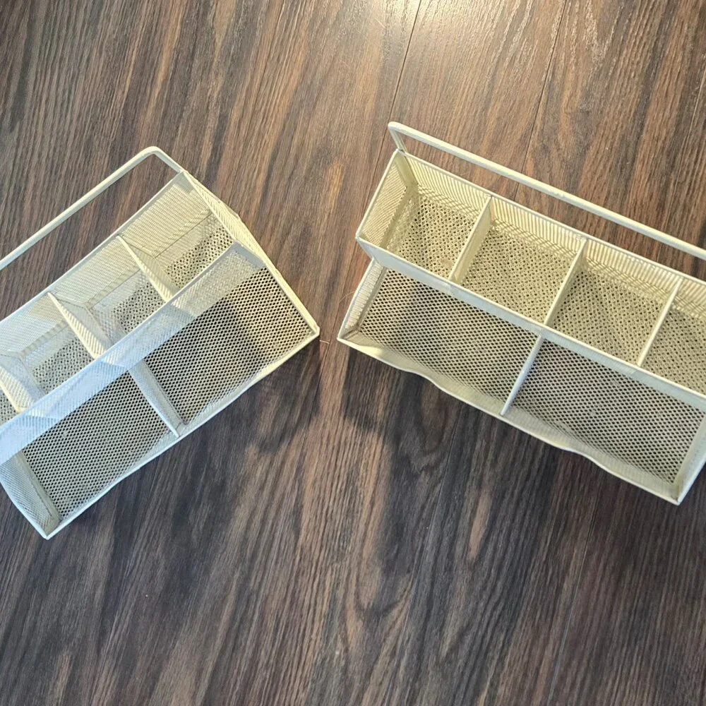 Set of Two Cream-Colored Metal Mesh Hanging or Freestanding Organization Baskets